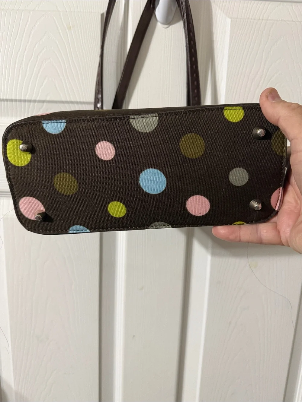Source Unknown Brown Polka Dot Shoulder Bag with Pink, Blue & Green Dots - Picture 4 of 5